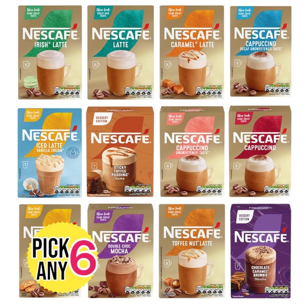 Nescafe Frothy Instant Coffee Sachets Pick Any 6 Packs From 20+ Flavours Inc. Decaf, Salted Caramel, Cappuccino, Latte, Mocha, Skinny, Iced, Oat, Toffee Nut, vanilla, Coconut, Almond and More.