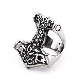 Gungneer Viking Mjolnir Thor Hammer Ring, Stainless Steel, Norse Rune Letters Protection Jewelry for Men Women