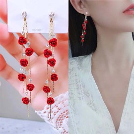 Inateannal Boho Flower Dangle Earrings Red Rose Tassel Chain Earrings Long Cubic Zirconia Drop Stud Earrings Wedding Cz Flower Earrings Jewelry for Women and Girls