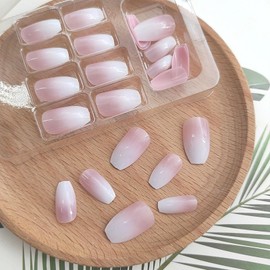 Coffin Press on Nails Short Fake Nails Ombre Nails Press ons Nude White Gradient Acrylic Nails Glossy Glue on Nails French False Nails Artificial Stick on Nails for Women 24 Pcs