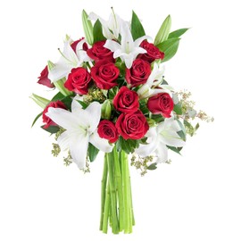 KaBloom PRIME NEXT DAY DELIVERY - Fall Collection - Bouquet of Red Rose and White Lilies Accented with Lush Greens with Vase Gift for Anniversary, Thank You, Valentine, Mother’s Day Flower