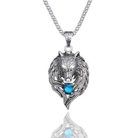 Norse Viking Wolf Necklace for Men, Cubic Zirconia Wolf Head Pendant Necklace with 23.6” Chain, Retro Wolf Totem Necklace, Wolf Signet Amulet Necklace, Punk Animal Wolf Jewelry for Men(Blue)