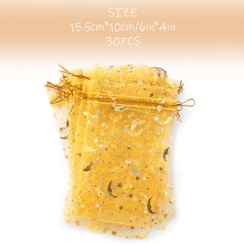 Tabanzhe 30pcs Sheer Organza Gift Bag with Drawstring, Mini Lavender Bag Suitable for Wedding, Festivals, Christmas, Jewellery Bags, Tulle Drawstring Bag, 10x15 Cm Gold