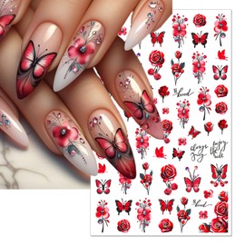 IDDFEVE Colorful Butterflies & Flowers Nail Art Stickers - Bright Red Purple Yellow Butterflies Wing & Spring Floral Self-Adhesive Nail Decal for DIY Summer Manicure (5 Sheets)