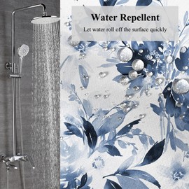 Velaequezii Navy Blue Floral Shower Curtain Ink Plant Blossom Watercolor Flower Printed Bath Curtain Waterproof Washable Fabric Bathroom Bathtub Decor Shower Curtain Set with Hooks 72x84 Inch