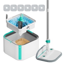 Upgraded Spin Mop and Bucket System Set, Self Separate Clean and Dirty Water, Foldable Square Standing Mop Head with Microfiber Mop Pads, Detachable Bucket (White+Blue, Mop Set with 6PC Pads)