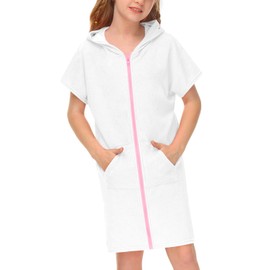 BesserBay Children's Short Sleeve Bath Poncho Hooded Surf Poncho Towel Terry Cloth with Zip and Pockets Unisex 120-160, White