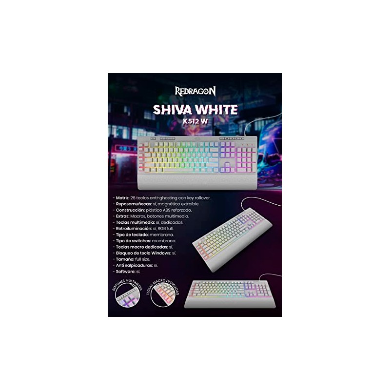Redragon Teclado de Membrana Gamer K512RGB Shiva White