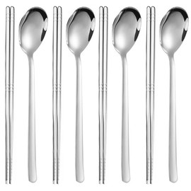 Stainless Steel Spoon and Chopsticks Set，4 Sets of Stainless Steel Spoons and Chopsticks Reusable Metal Chopstick Spoon Set，8-Inch Spoon and 8.8-Inch Chopstick Set for Home or Restaurantzx