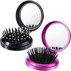 2 Pieces Folding Travel Mirror Hair Brushes Round Folding Pocket Hair Brush Mini Hair Comb Compact Travel Size Hair Massage Comb for Women and Girls (Black, Purple)