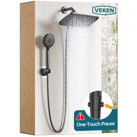 Veken 11.8 Inch Rain Shower Head with Handheld- High Pressure Dual Shower Heads with 5 Modes Handheld Spray Combo- Wide Rainfall Showerhead with Hose, Bathroom Accessories, Matte Black