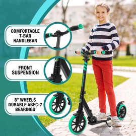 SereneLife Lightweight and Foldable Kick Scooter Comfortable T-Bar Handlebar, Adjustable Scooter for Teens and Adult, Alloy Deck with High Impact Wheels, Durable ABEC-7 Bearings Aqua on Black SLTS02