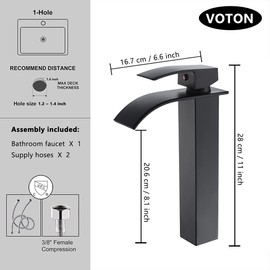 VOTON Vessel Sink Faucet Matte Black Modern Tall Waterfall Bathroom Sink Faucet Single Handle Bathroom Faucet 1 Hole Bowl Lavatory Vanity Faucet, Rv Sink Camper Farmhouse Bathroom Faucet