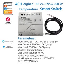 Zigbee 4 Channel Temperature Monitor Controller, DC7-32V or AC 85-250V or USB 5V Tuya app Remote Dry Contact Smart Relay Switch with DS18B20 Sensor Probe (AC 85-250V)