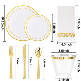 WELLIFE 700 Pieces Gold Plastic Dinnerware Set for 100 Guests,Plastic Plates Disposable,Party Plates and Cups and Napkins sets,Gold Plastic Plates with Disposable Cutlery,White and Gold Plastic Plates