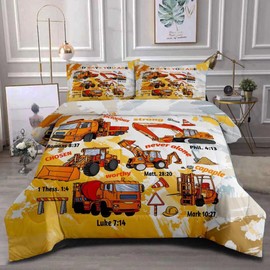 GRAT TIOC Kids Construction Vehicles Truck Comforter for Boys Queen,Cartoon Car Excavator Tractor Bedding Set,Construction Christian Spirational Quotes Comforter with 2 Pillowcases Yellow