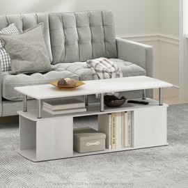Furinno Jaya Utility Design Coffee Table, White Oak, Stainless Steel Tubes