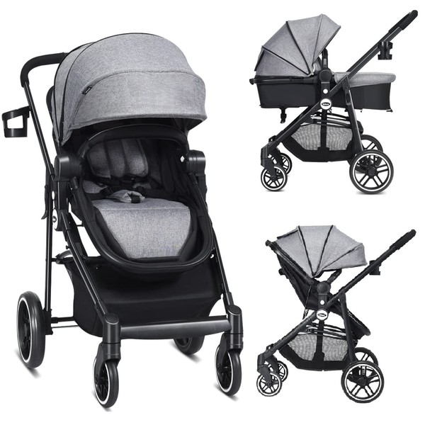 INFANS 2 in 1 Baby Stroller, High Landscape Infant Stroller & Reversible Bassinet Pram, Foldable Pushchair with Adjustable Canopy, Cup Holder, Storage Basket, Suspension Wheels (Grey)