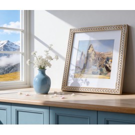 Square 12x12 Rustic Picture Frame, Decorative Distressed Beaded Detailing, Natural Pine Wood with Real Glass, Matted to 8x8/10x10 Photos, Gallery Wall Poster Frame and Tabletop Display, Natural