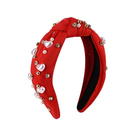 Yonchic Love Heart Pearl Crystal Headbands for Women, Jeweled Top Knotted Fashion Headband Rhinestone Hair Bands Cute Valentine’s Day Hair Accessories (Red)