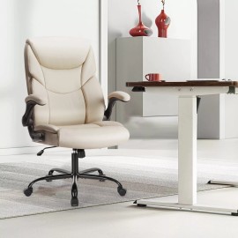 JHK PU Leather Swivel Computer Chair with High Back Flip-up Arms Modern Office Chair - Beige