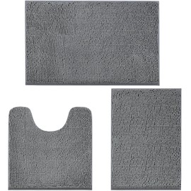 LINLA 3 Pieces Bathroom Rug Set, Absorbent Non Slip Chenille Bath mat, Thick Plush Chenille Carpet Mats Set,Washable Dry Quickly with U-Shaped Toilet Mat for Tub, Shower（Grey）