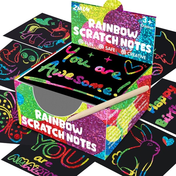 ZMLM Rainbow Scratch Mini Notes - 165 Holographic Magic Scratch Paper Art Set Cards for Kids DIY Bulk Party Favor Art Craft Supplies Kit Birthday Gift for Girl Boy Easter Basket Stocking Stuffers Toy