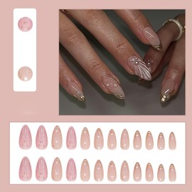 24 Pcs French Press on Nails Short Almond 3D Texture Shell Design, ZIFANHU Fake Nails Press ons Nail Tips Acrylic Nail Kit Glue on Nails Full Cover False Nails Gold Line Rhinestones Stick on Nails