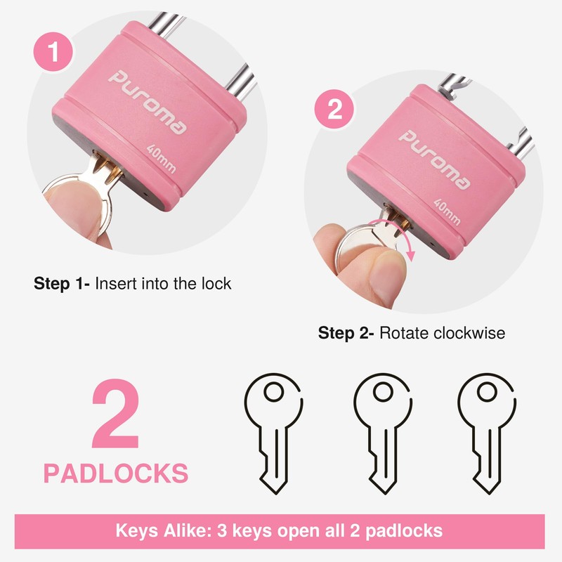 Puroma 2 Pack Keyed Padlock with 3 Keys Alike, 1.1