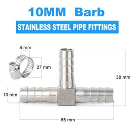 ERGAOBOY 2 Pieces 10 mm Stainless Steel Hose Nozzle T Piece, 3 Way T Shaped SUS 304 Hose Fitting with 6 Pieces Clamps