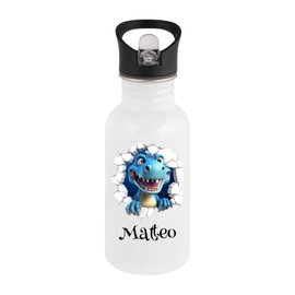 Personalisierte Trinkflasche Kinder Edelstahl [ 400ml ] - Robuste Trinkflasche mit Namen und Dino, Dinosaurier in 3D - Wasserflasche mit Trinkhalm - Personalisierte Geschenke für Kinder (Motiv 3)