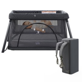 Travel Crib, Portable Crib for Baby, Pack and Play for Babies and Toddler, Lightweight Backpack Design,Foldable Travel Baby Playpen with Mattress(Dark Grey)