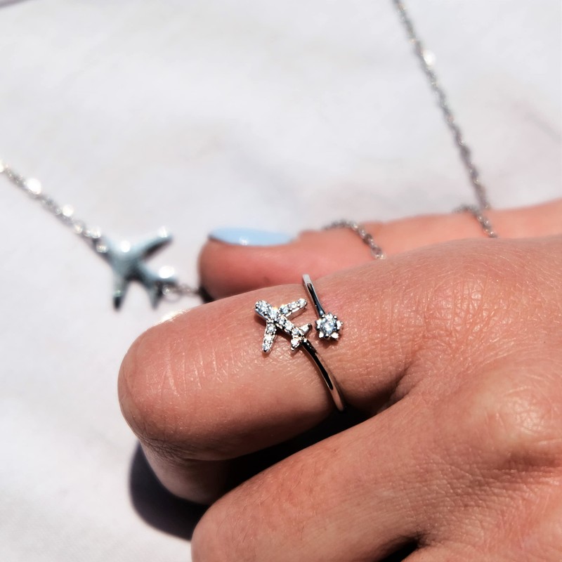 925 Sterling Silver Aeroplane Ring with Sparkling Zircons - High