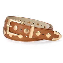 JASGOOD Women Leather Belt Fashion Studded Belt Ladies Punk Belt Gold Buckle Vintage Leather Belt for Jeans Dress with Gold Buckle,Brown