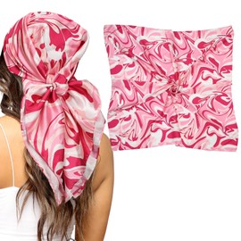 AWAYTR 35” Silk Scarf for Women Large Head Scarf Square Hair Scarf Satin Hair Bandana Printed Silk Sleeping Head Wrap (Fluid pattern(Pink))
