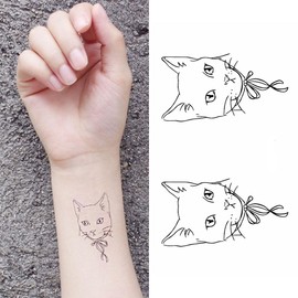 Oottati 2 Sheets Tiny Small Temporary Tattoos For Women Men Finger Hands Neck Wrist Face, Cute Long Lasting Cartoon Fake Tattoo Stickers For Kids Boys Girls Cat Sketches with Bowtie