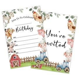 Birthday Party Invitations For Boy Girl, Farm Animal Party Birthday Invites, (20 Count) With Envelopes, Party Supplies -Birinvite 13