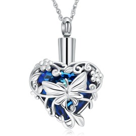 shajwo Butterfly Heart Urn Necklaces for Ashes for Women Cremation Jewelry Memorial Human Ashes Pendant,Silver-Blue
