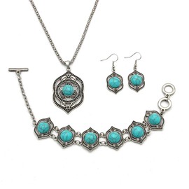 Pingyongchang Bohemian Turquoise Jewelry Sets for Women Turquoise Pendant Necklace, Vintage Turquoise Dangle Earrings,Retro Turquoise Collar Necklace Wrap Bracelet Gifts