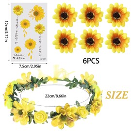 XoeLLe Sunflower Headband + 6 x Flower Hair Clips + Tattoo Sunflower, Headband Flowers, Flower Wreath, Sunflower Costume for Women, for Wedding, Travel, Beach, Photography, Carnival, Copslay Party