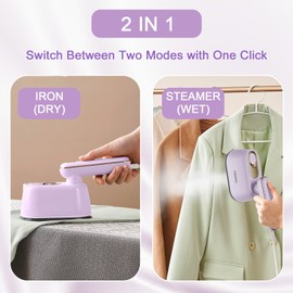Travel Steamer, Dry & Wet 2 in 1 Portable Steamer for Clothes, 180° Rotatable Mini Steam Iron, Portable Iron for Home, Travel, Dorm, Gifts, School Gift, Home Essential (Purple)