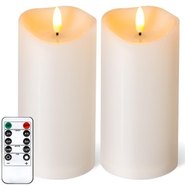Outdoor Flameless Candles with Remote Timer - Waterproof Realistic Flickering LED Pillar Electric Battery Operated Fake Candle for Holiday Home Wedding Fireplace Decor - Ivory White 2 Pack (6"6")
