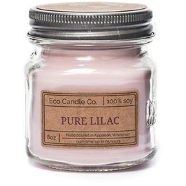 Eco Candle Co. Mason Jar Candle, Pure Lilac, 8 oz. - Scents of Pure Lilac Bushes - 100% Soy Wax, No Lead, Kraft Label & Antiqued Pewter Lid, Hand Poured, Made from Midwest Grown Soybeans