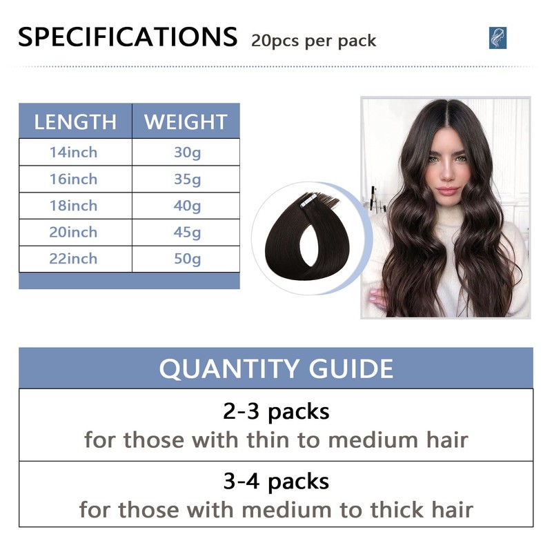 COOKAYU Invisible Tape in Hair Extensions, Darkest Brown 22Inch 50g
