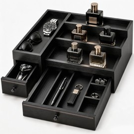 2-Drawer Cologne Organizer for Men, Fully Assembled, Solid Pine, Black/Gray