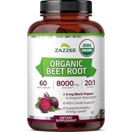 Zazzee USDA Organic Beet Root 20:1 Extract, 60 Vegan Quick Release Capsules, 2 Month Supply, Nitric Oxide Support, Black Pepper Extract for Enhanced Absorption, Certified Kosher, Non-GMO, Made in USA