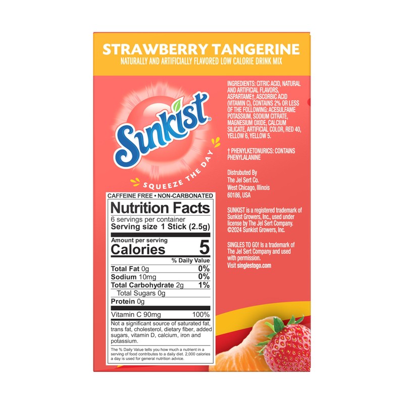 Sunkist Singles to go Drink Mix Packets, Strawberry Tangerine, 6-Count