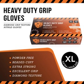 JFA Medical Extra Large Size Disposable Heavy Duty Mechanic Powder Free Latex Free Orange Diamond Grip Nitrile Gloves - Box of 50