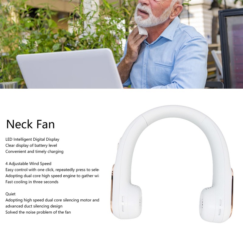 Neck Fan 4 Speeds Quiet Bladeless USB Rechargeable 2400mAh Battery