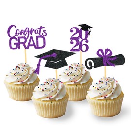 24Pcs Graduation Cupcake Toppers, Graduation Decorations Class of 2026 Cupcake Toppers (Black Purple)